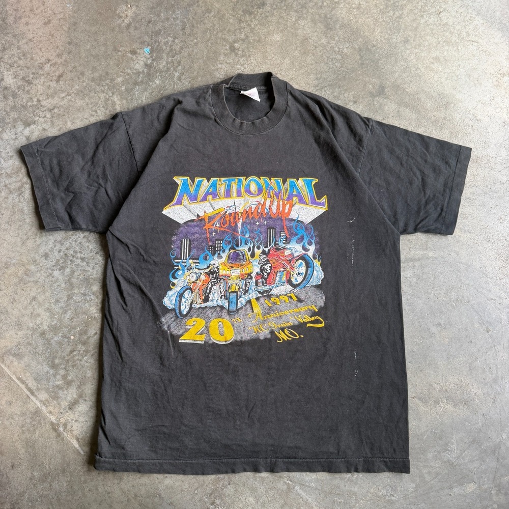 Vintage 90s National Round Up Rally Racing Faded Shirt Double Sided Graphic XL